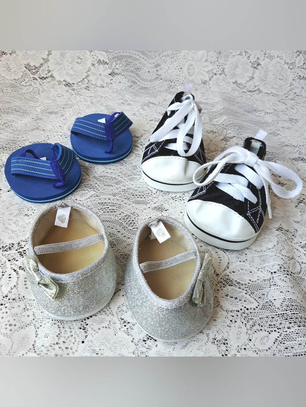 3 Build A Bear Shoes Black High Tops Silver Sparkle Mary Janes Blue Flip Flops